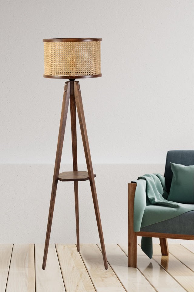 GİZEM SEHPALI CEVİZ SİLİNDİR RATTAN ABAJURLU LAMBADER