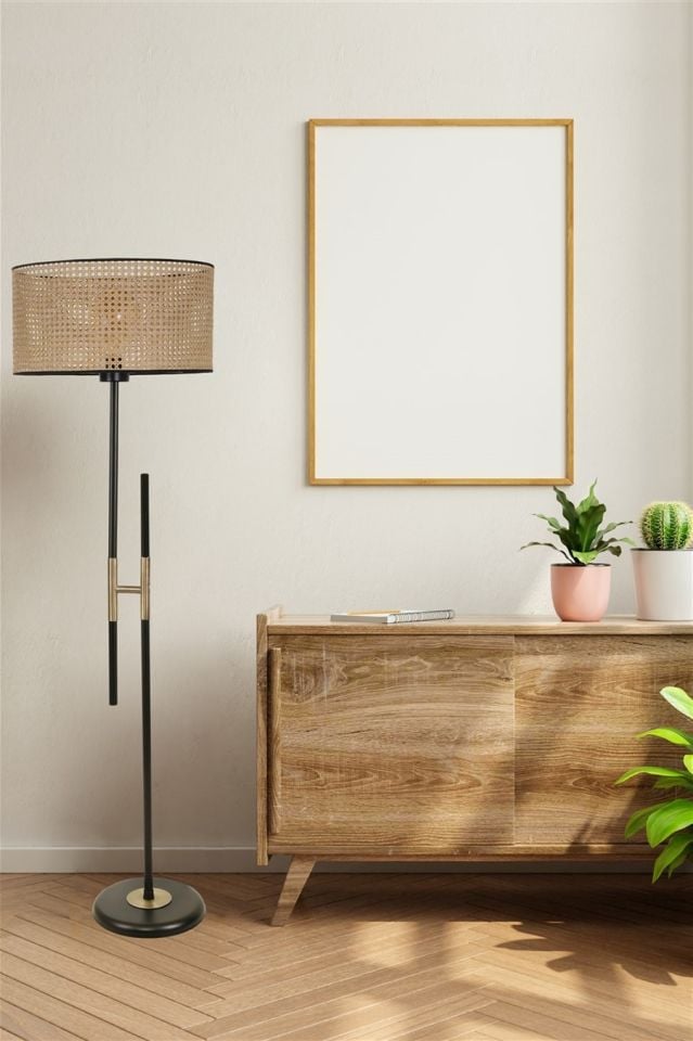 FELİX SİYAH LAMBADER SİLİNDİR RATTAN ABAJURLU