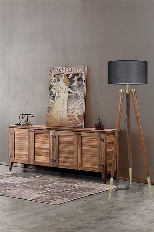 STİL CEVİZ LAMBADER SİLİNDİR HASIR SİYAH ABAJURLU