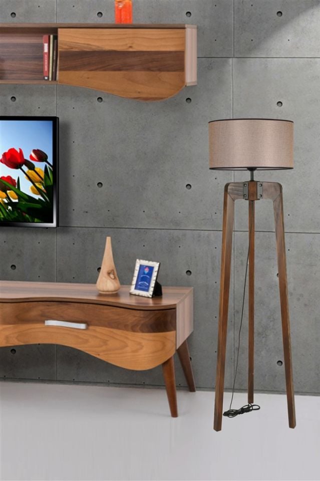 ÇAĞLA CEVİZ LAMBADER SİLİNDİR KOYU HASIR ABAJURLU