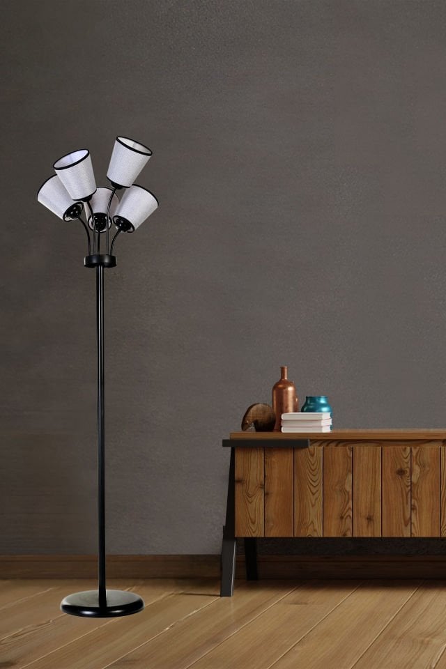 GÜNEŞ 5 Lİ SİYAH HASIR GRİ ABAJURLU LAMBADER