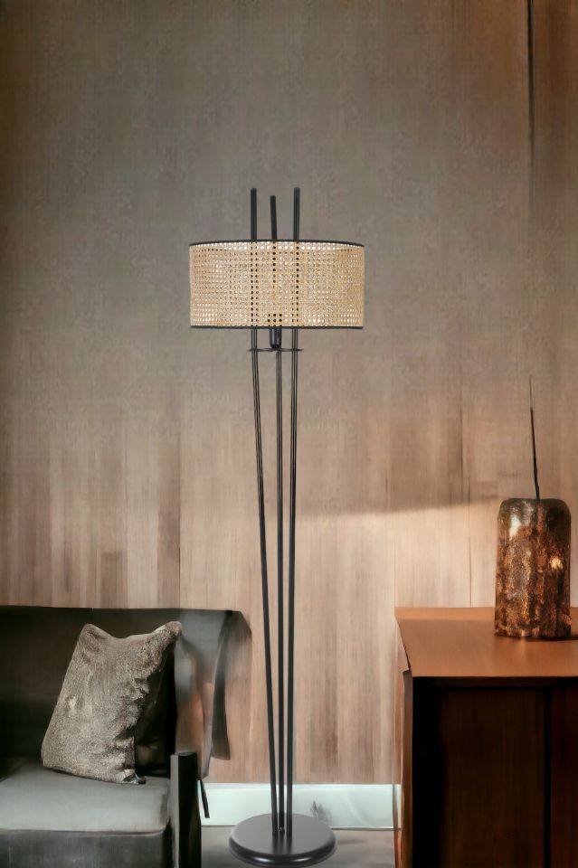 BELEN SİYAH LAMBADER SİLİNDİR RATTAN ABAJURLU