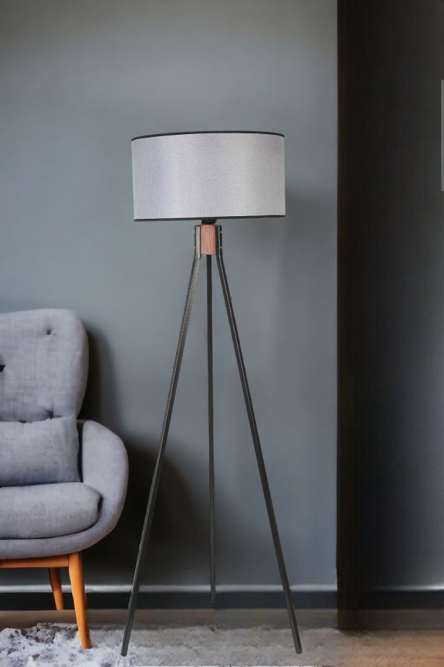 FISCO TRİPOD SİYAH LAMBADER SİLİNDİR HASIR GRİ ABAJURLU