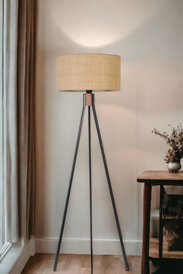 FISCO TRİPOD SİYAH LAMBADER SİLİNDİR HASIR RATTAN ABAJURLU