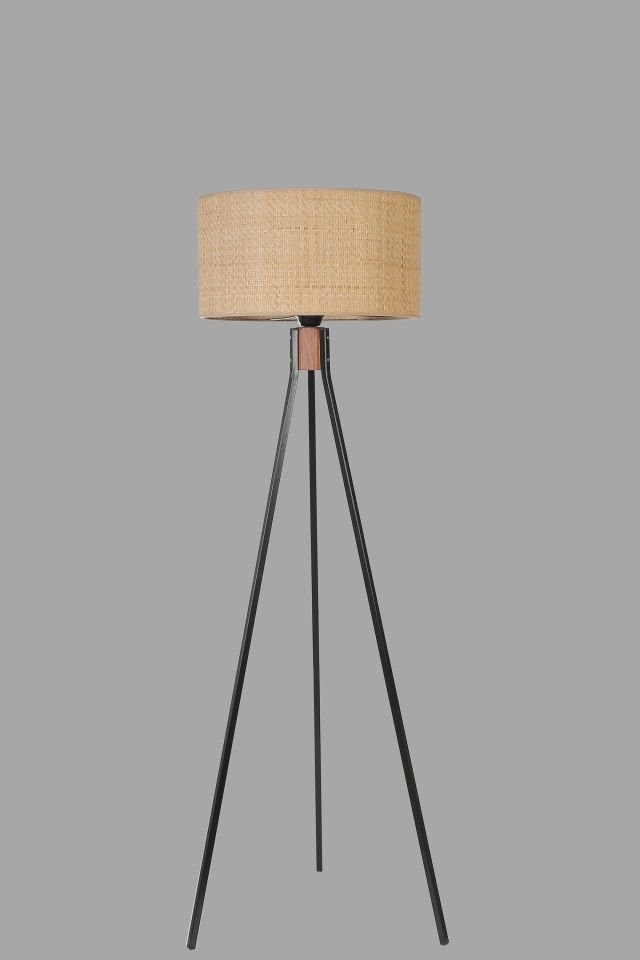 FISCO TRİPOD SİYAH LAMBADER SİLİNDİR HASIR RATTAN ABAJURLU