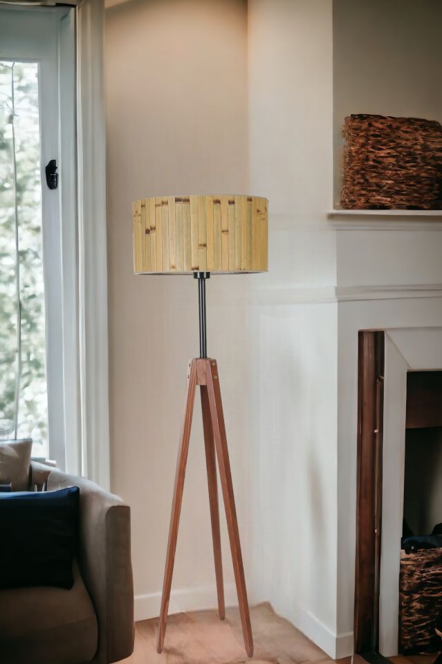 KANARYA CEVİZ LAMBADER SİLİNDİR BAMBU 02 ABAJURLU