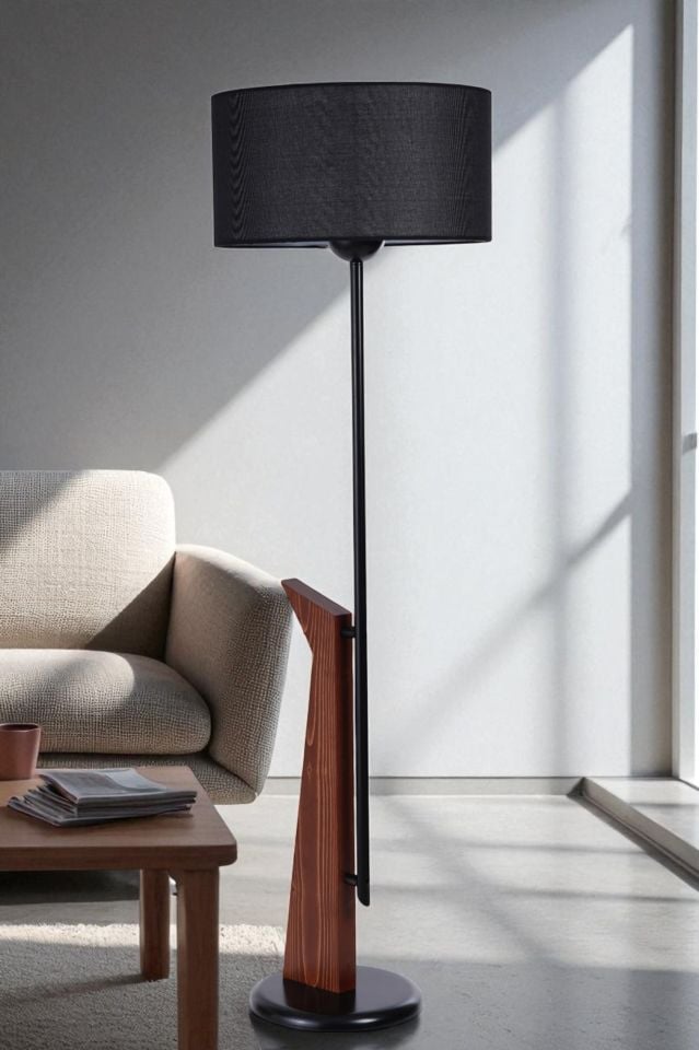 BERZAN CEVİZ LAMBADER SİLİNDİR HASIR SİYAH ABAJURLU