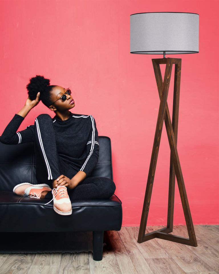 MAÇKA CEVİZ AHŞAP LAMBADER SİLİNDİR HASIR GRİ ABAJURLU