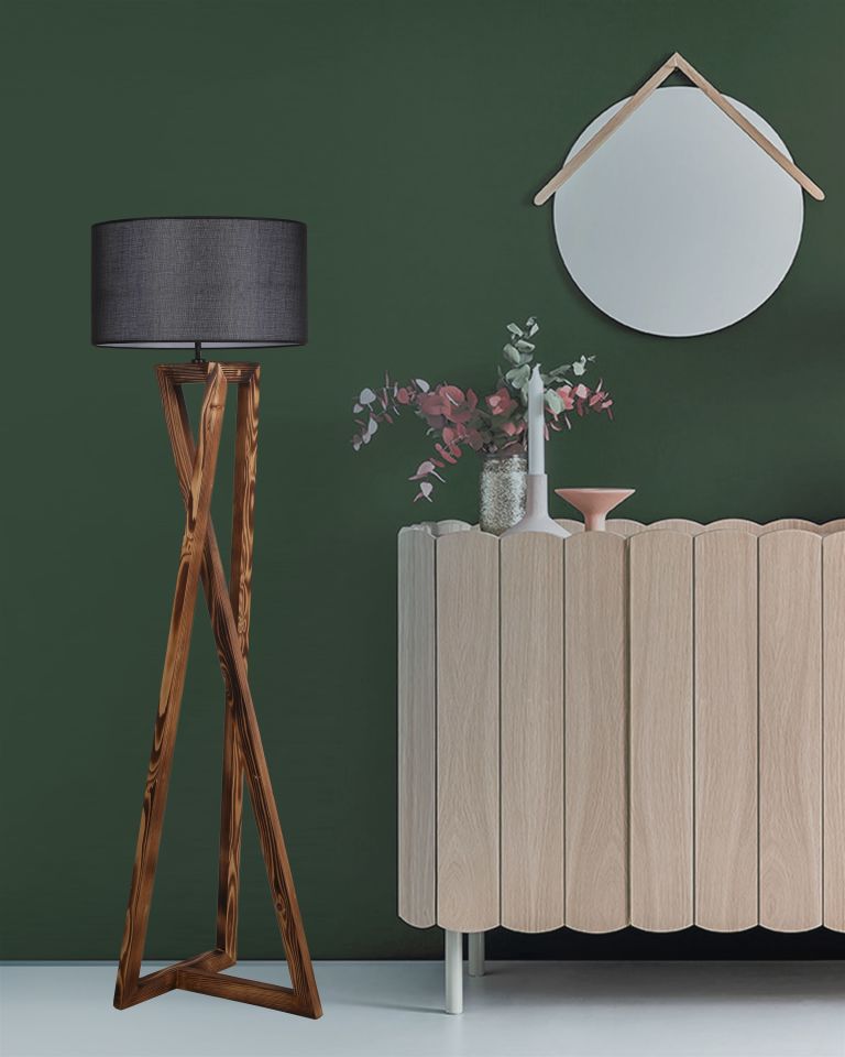 MAÇKA YANIK AHŞAP LAMBADER SİLİNDİR HASIR SİYAH ABAJURLU