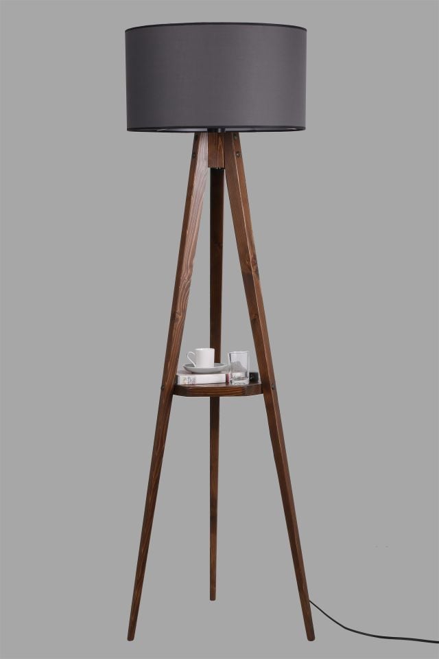 SEHBALI TRİPOD CEVİZ LAMBADER SİLİNDİR KOYU GRİ ABAJURLU