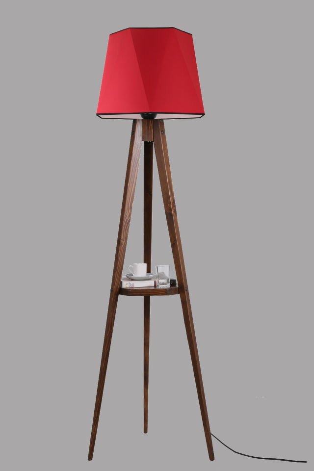 SEHBALI TRİPOD LAMBADER CEVİZ ALTIGEN KIRMIZI ABAJURLU