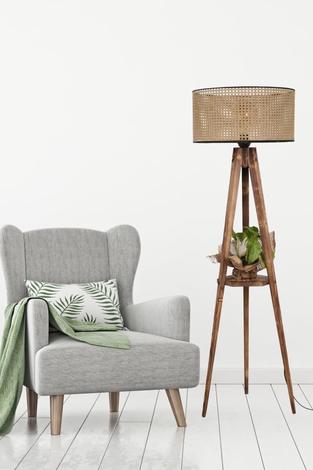 SEHBALI TRİPOD LAMBADER YANIK SİLİNDİR RATTAN ABAJURLU