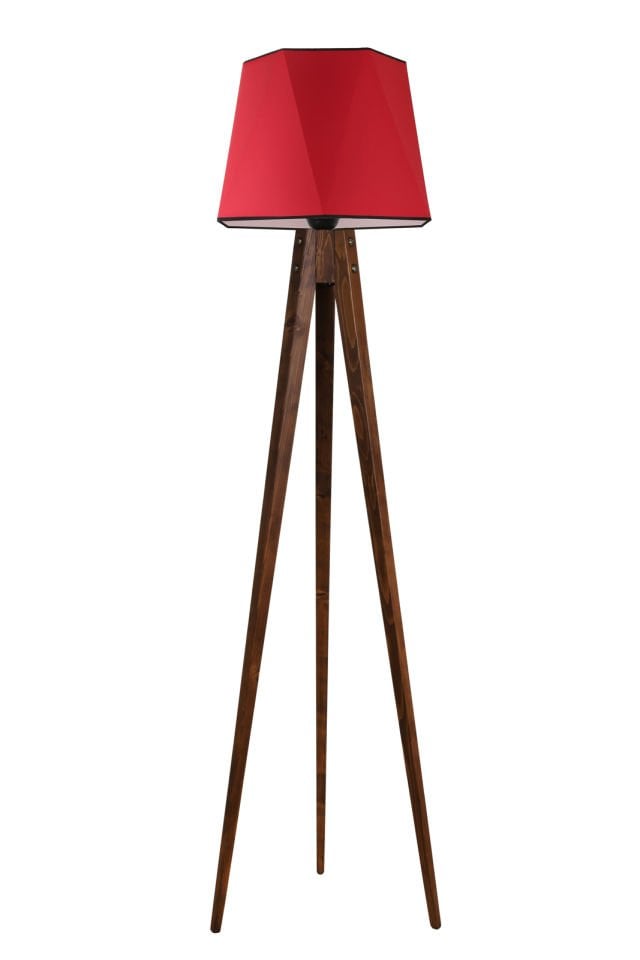 TRİPOD LAMBADER CEVİZ ALTIGEN KIRMIZI ABAJURLU