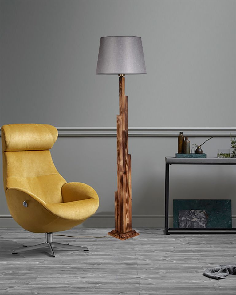 KULE YANIK AHŞAP LAMBADER PRAMİT HASIR GRİ ABAJURLU