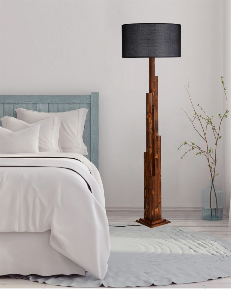 KULE CEVİZ AHŞAP LAMBADER SİLİNDİR HASIR SİYAH ABAJURLU