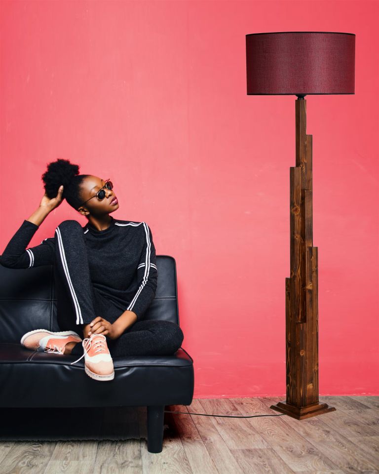 KULE CEVİZ AHŞAP LAMBADER SİLİNDİR HASIR BORDO ABAJURLU