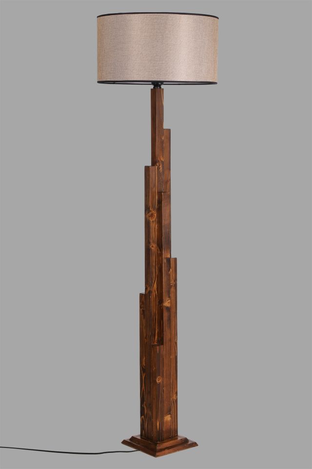 KULE CEVİZ AHŞAP LAMBADER SİLİNDİR KOYU HASIR ABAJURLU