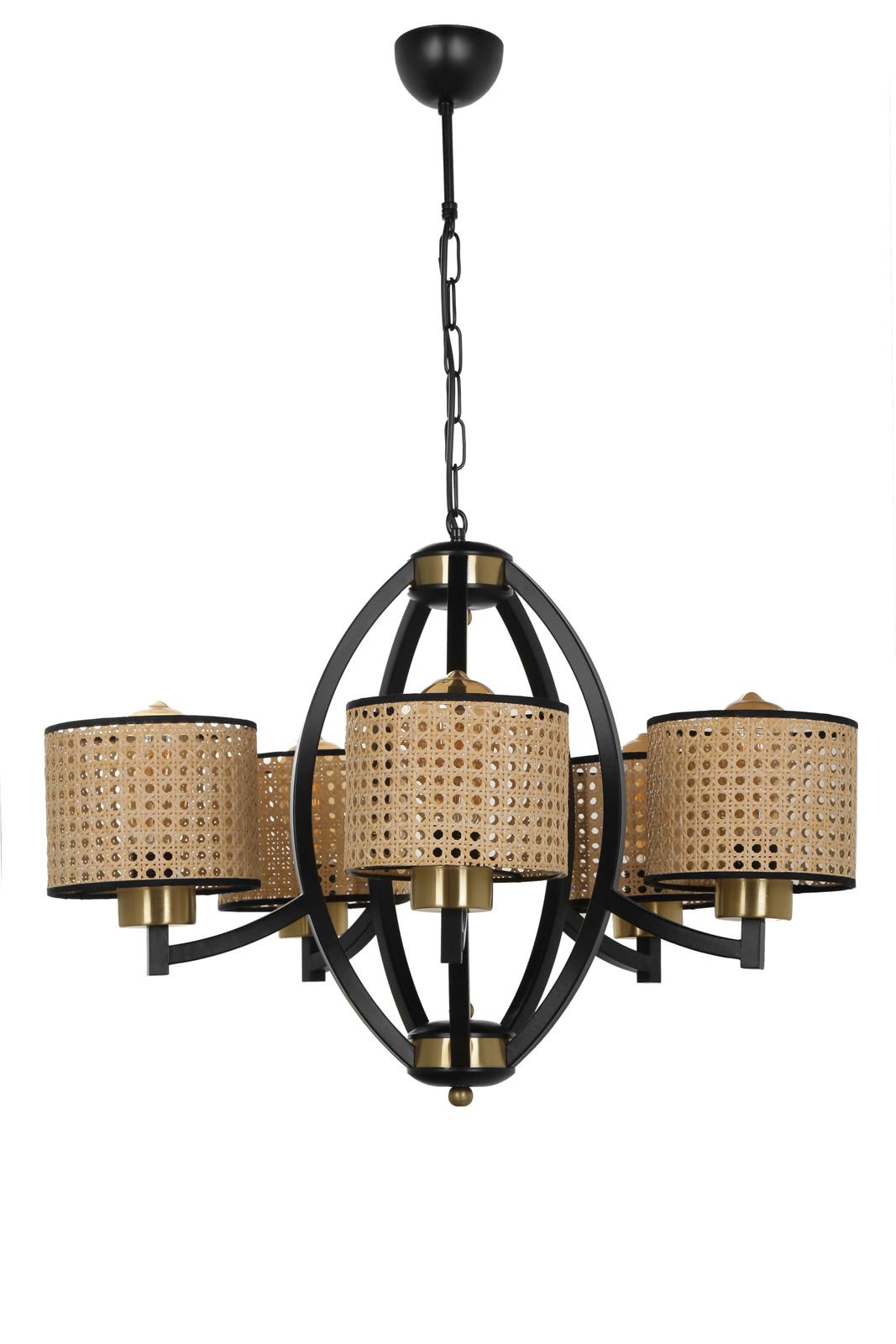 PAUL 5 Lİ SİYAH AVİZE RATTAN ABAJURLU