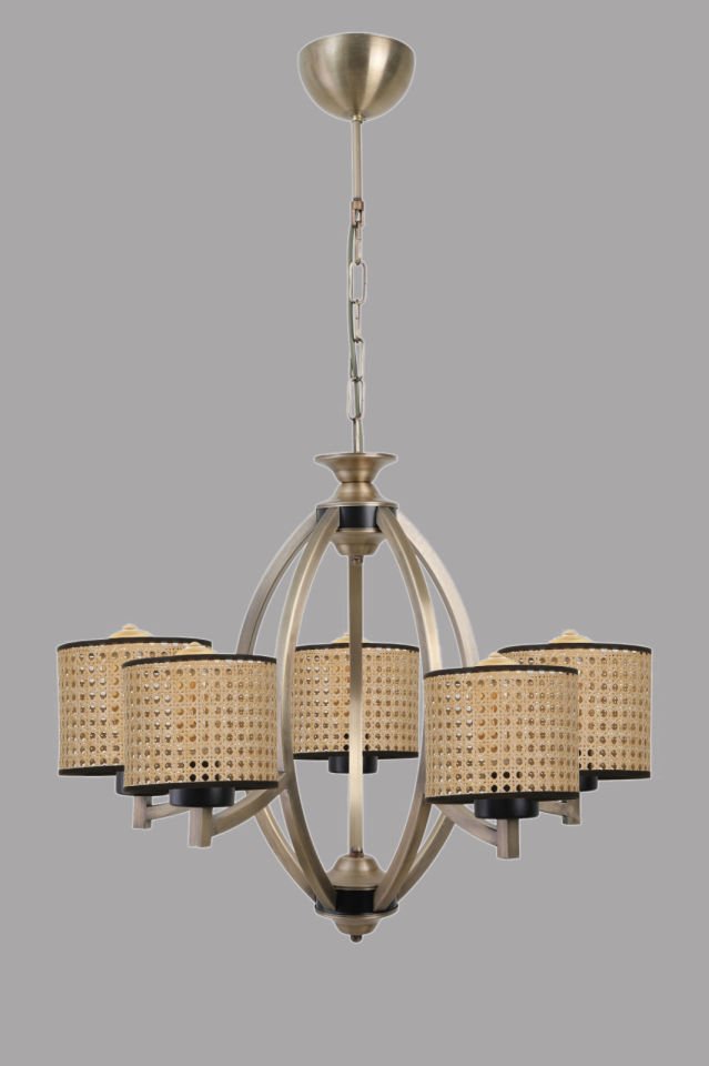PAUL 5 Lİ ESKİTME AVİZE RATTAN ABAJURLU