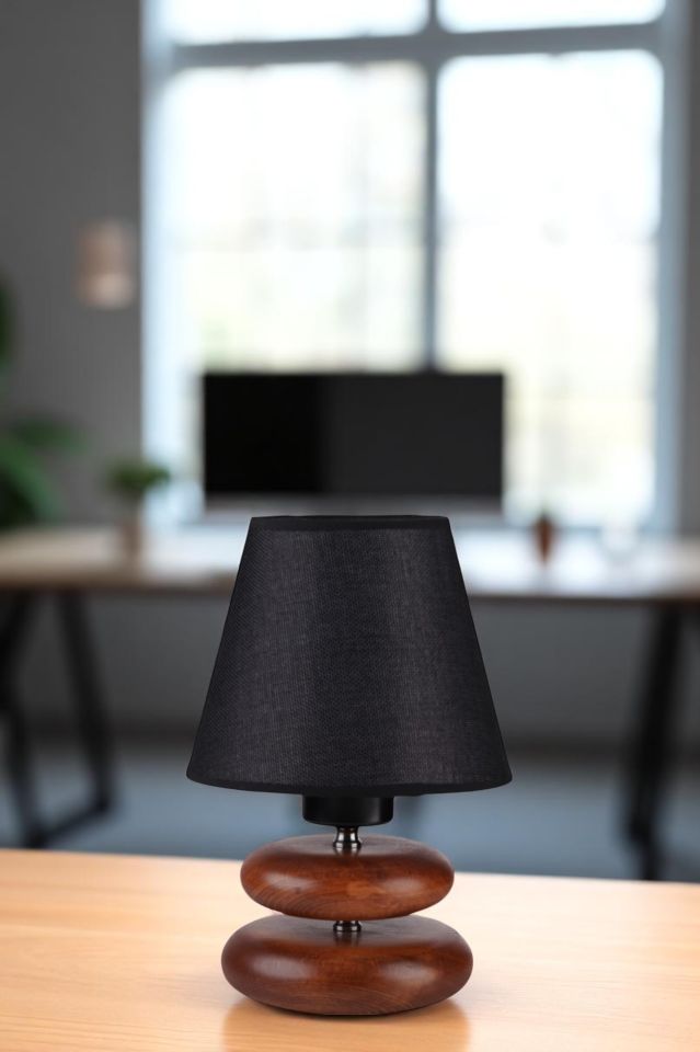 MARS CEVİZ HASIR SİYAH ABAJURLU MASA LAMBASI