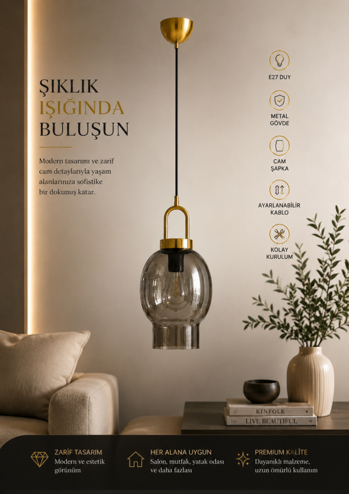 AURA TEKLİ FÜME CAMLI ESKİTME SARKIT