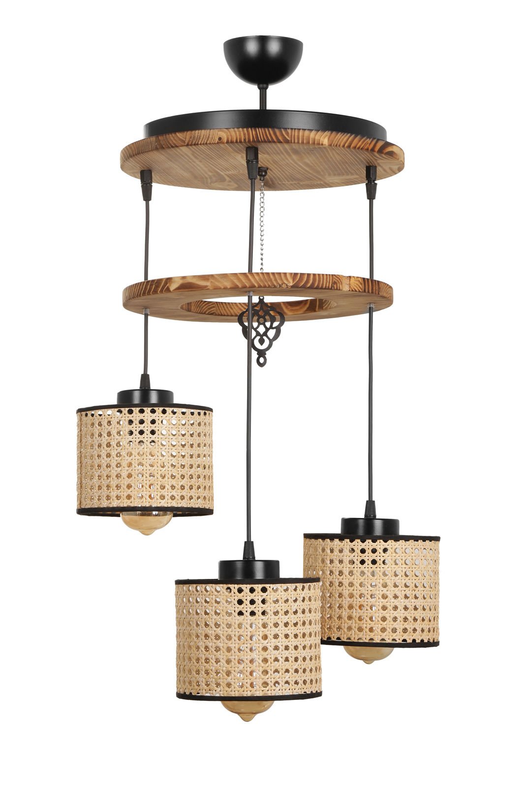 DAVİD 3 LÜ TEPSİLİ YANIK RATTAN ABAJURLU SARKIT