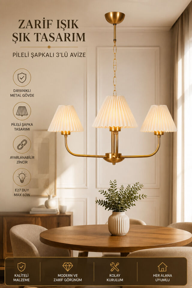 APOLLO 3 LÜ ESKİTME PİLELİ KREM ABAJURLU AVİZE