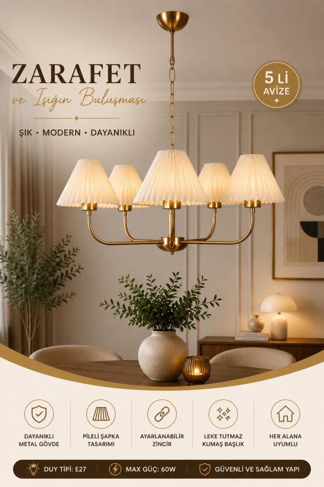 APOLLO 5 Lİ ESKİTME PİLELİ KREM ABAJURLU AVİZE