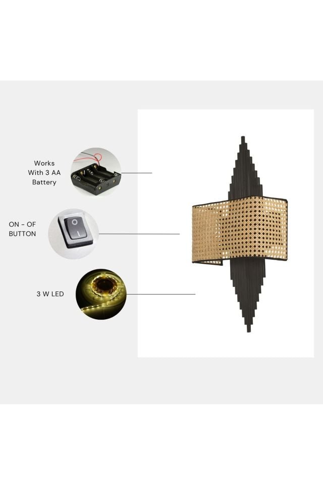 ASLI PİLLİ SİYAH DİKDÖRTGEN RATTAN ABAJURLU APLİK