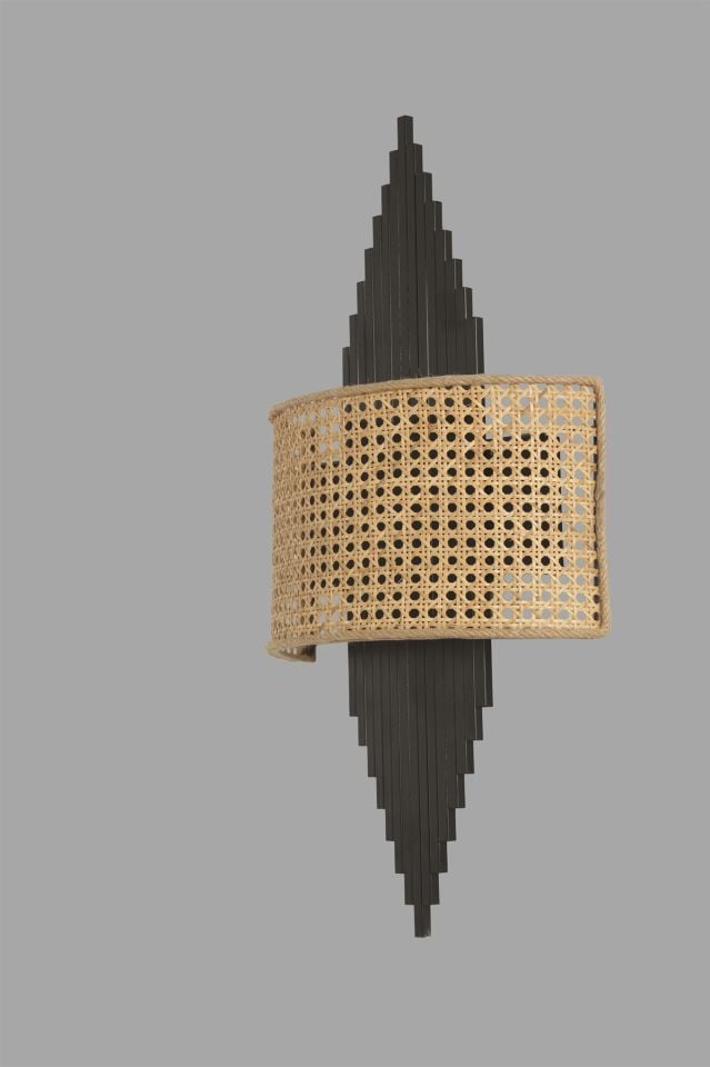 ASLI PİLLİ SİYAH OVAL RATTAN ABAJURLU APLİK