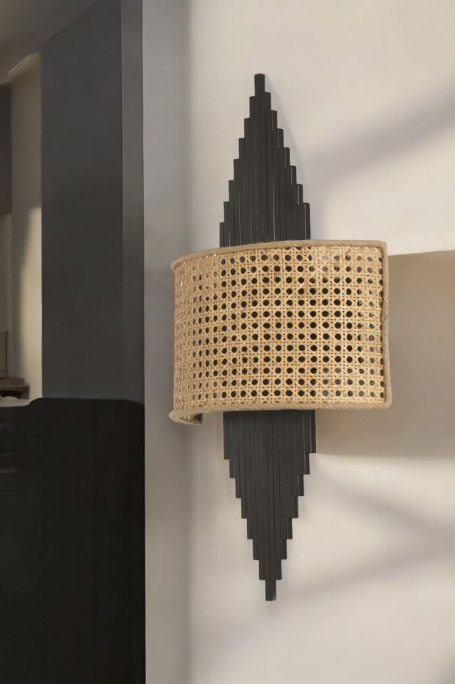 ASLI PİLLİ SİYAH OVAL RATTAN ABAJURLU APLİK