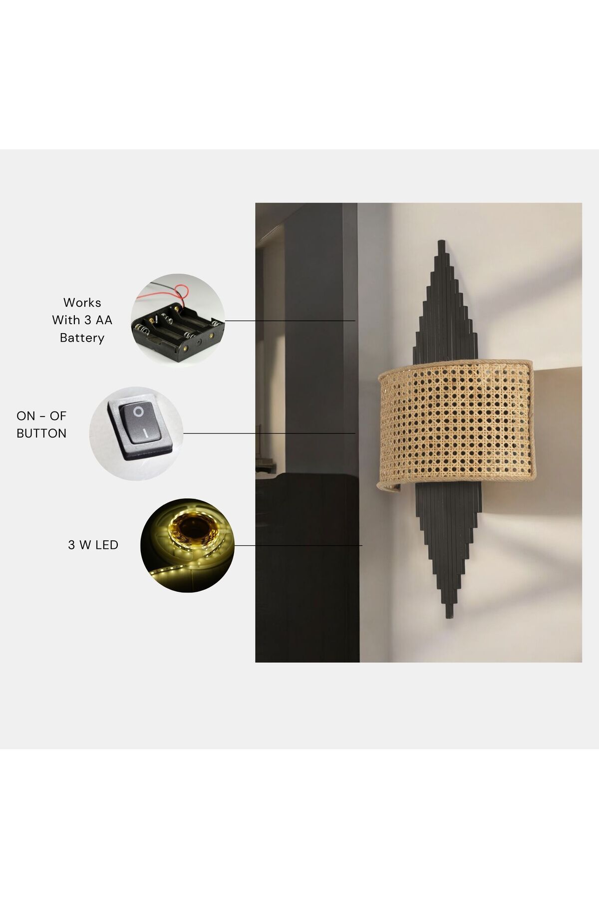 HANDE PİLLİ SİYAH OVAL RATTAN ABAJURLU APLİK
