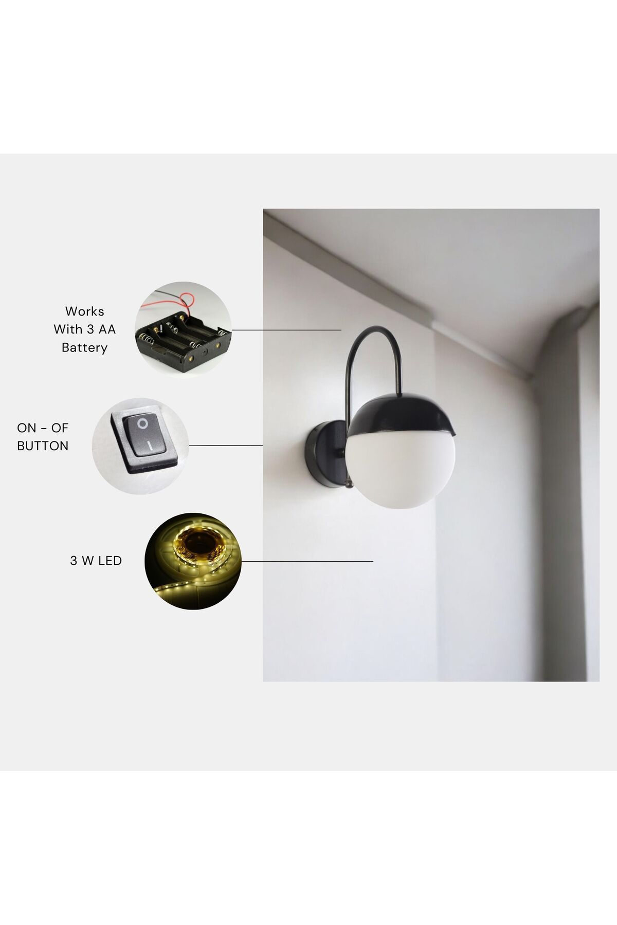 KÜRE PİLLİ SİYAH BEYAZ CAMLI APLİK