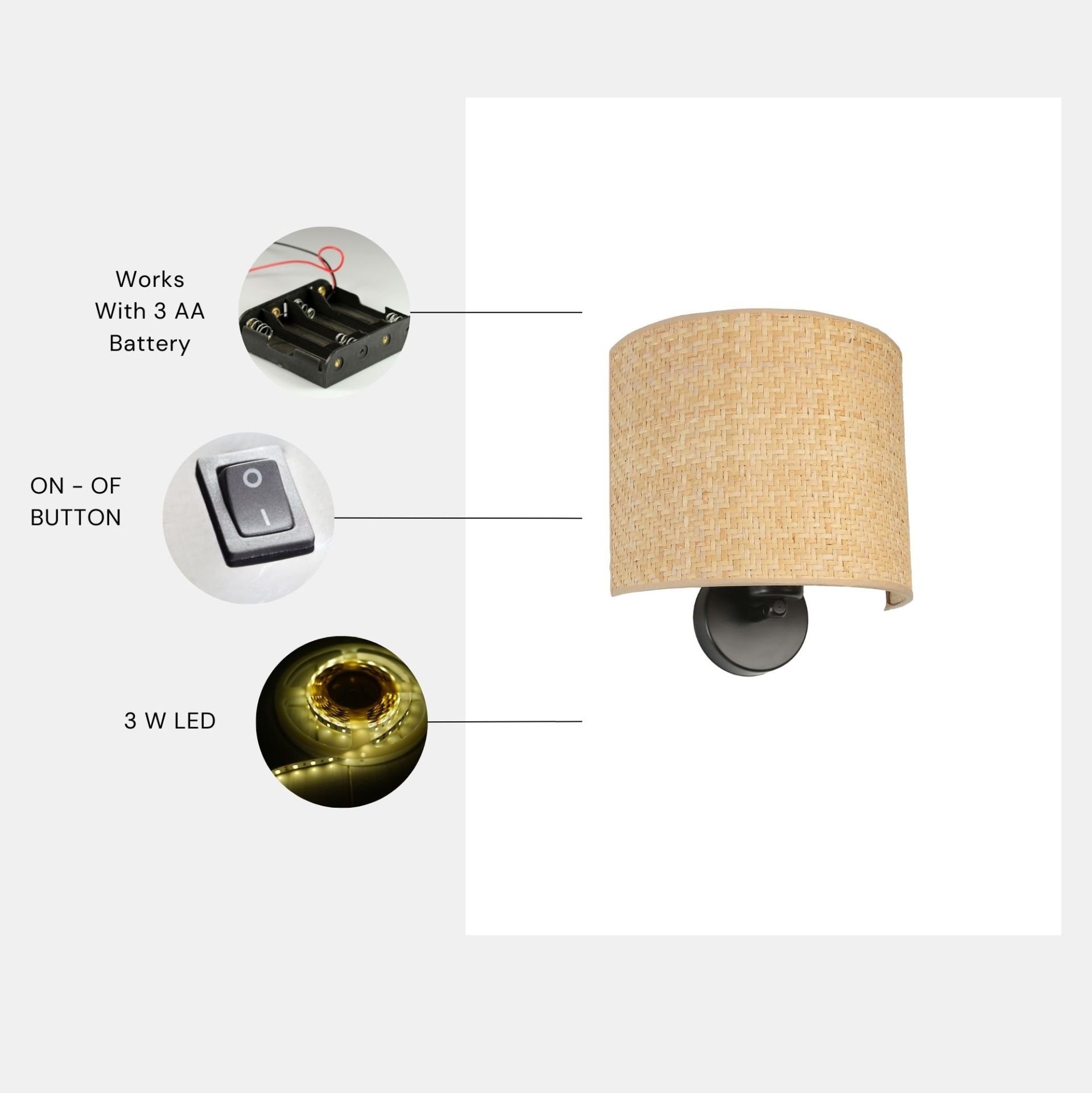 HASIR PİLLİ RATTAN ABAJURLU OVAL APLİK