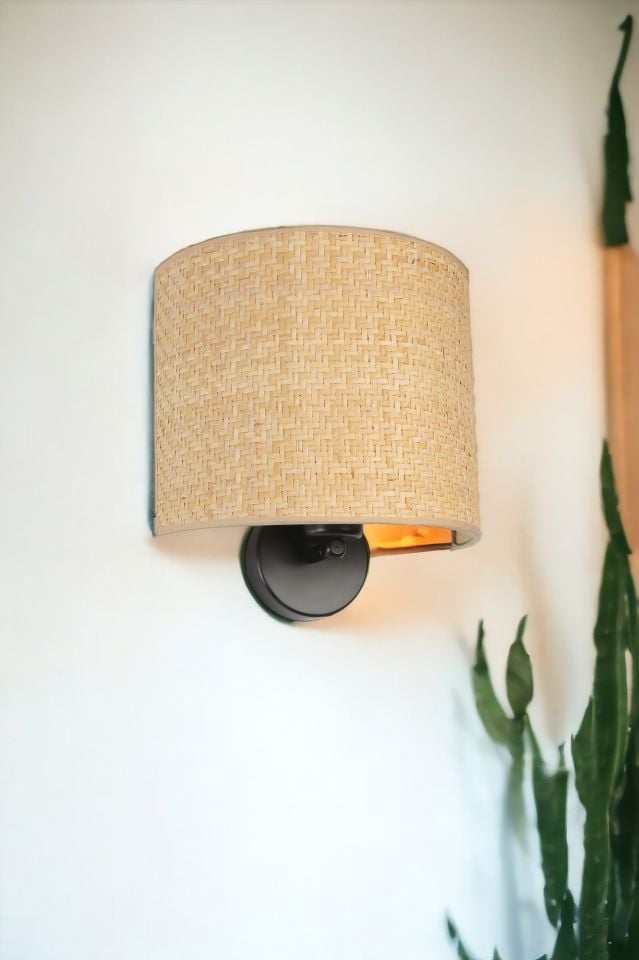 HASIR PİLLİ RATTAN ABAJURLU OVAL APLİK