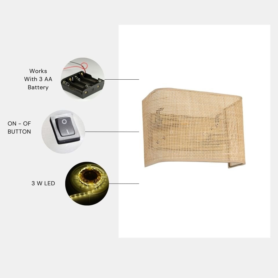 ÖRGÜLÜ PİLLİ RATTAN ABAJURLU DİKDÖRTGEN APLİK