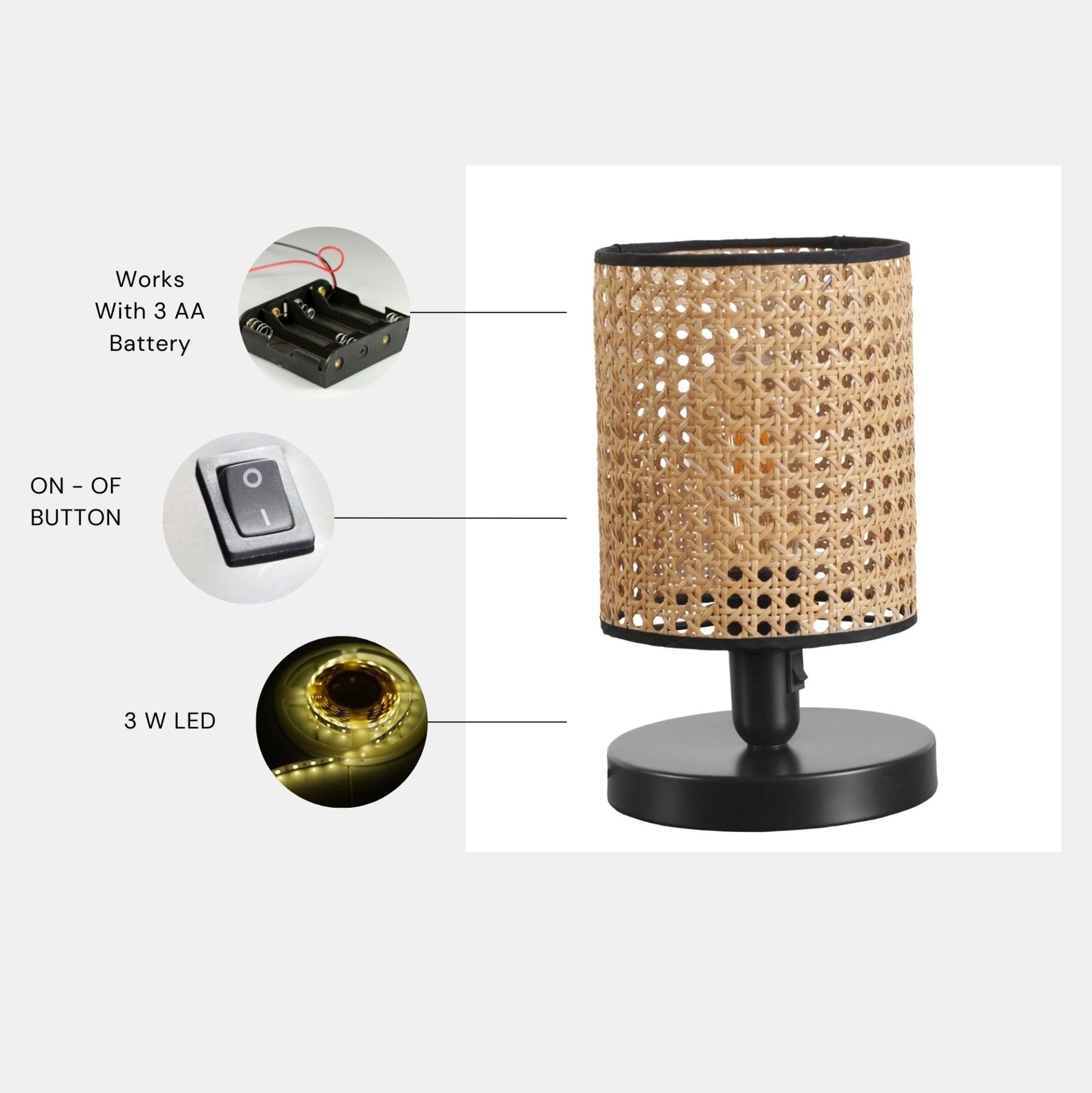 AYÇA PİLLİ SİYAH RATTAN ABAJURLU MASA LAMBASI