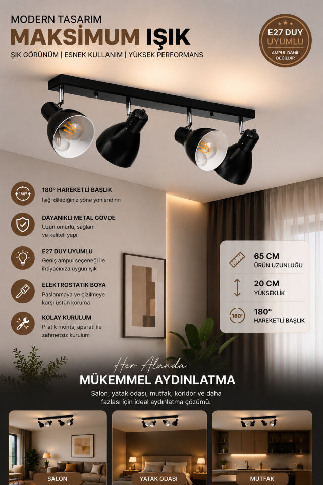 OTİS 4 LÜ SIRALI SİYAH PLAFONYER AVİZE