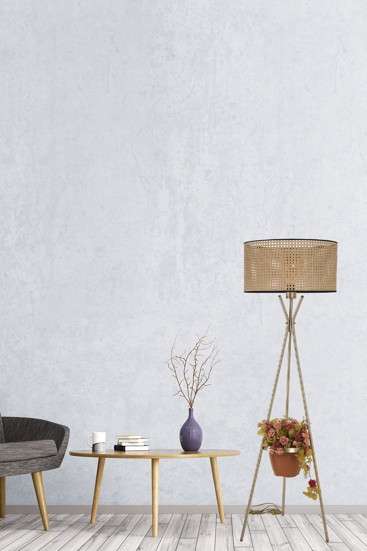 VENEDİK ESKİTME SİLİNDİR RATTAN ABAJURLU