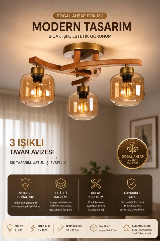 WESTON 3 LÜ NATUREL BAL CAMLI PLOFONYER AVİZE