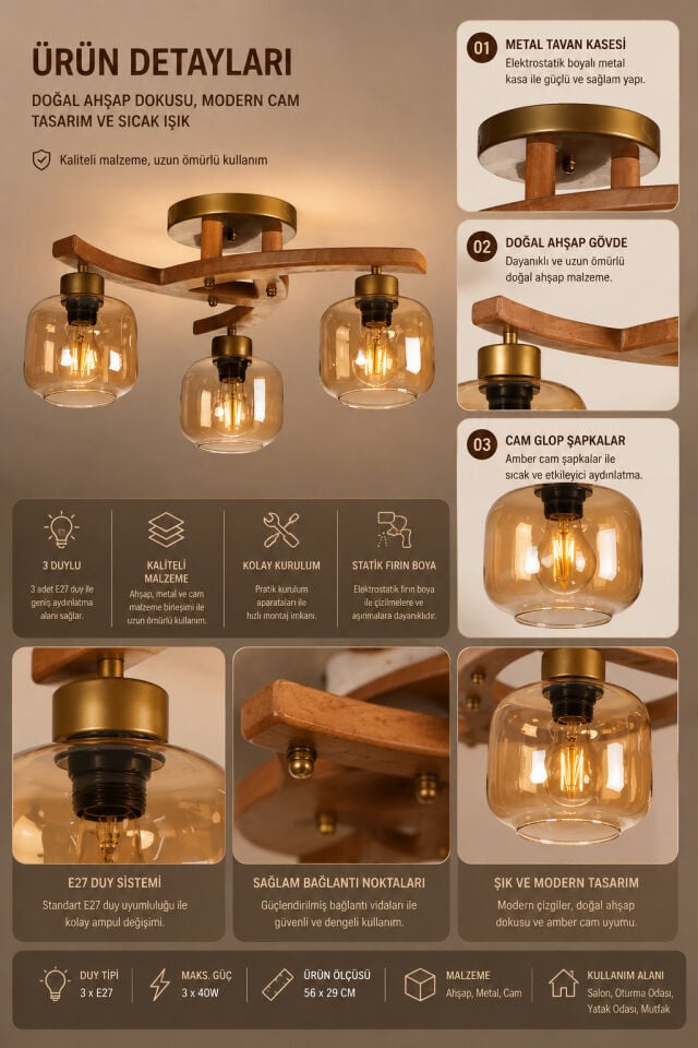 WESTON 3 LÜ NATUREL BAL CAMLI PLOFONYER AVİZE