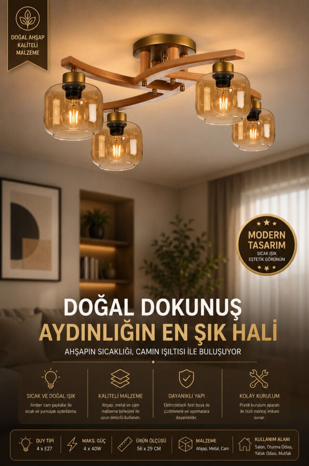 WESTON 4 LÜ NATUREL BAL CAMLI PLOFONYER AVİZE