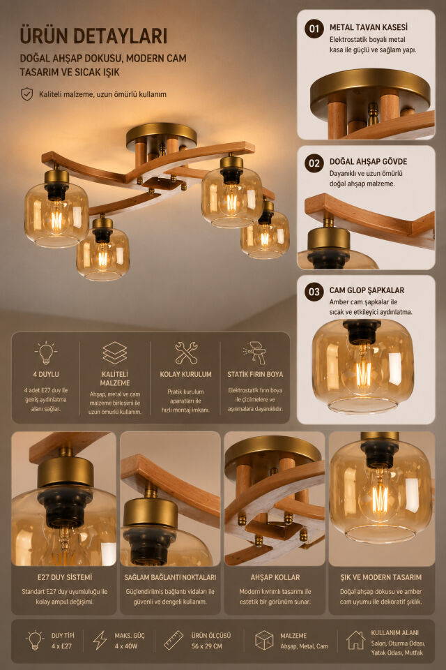 WESTON 4 LÜ NATUREL BAL CAMLI PLOFONYER AVİZE