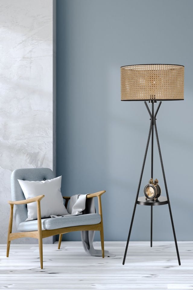 VENEDİK SEHPALI  SİYAH LAMBADER SİLİNDİR RATTAN ABAJURLU