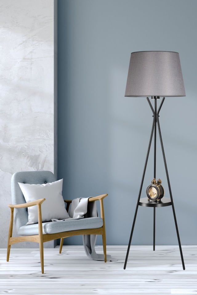 VENEDİK SEHPALI  SİYAH LAMBADER PRAMİT AÇIK HASIR GRİ ABAJURLU