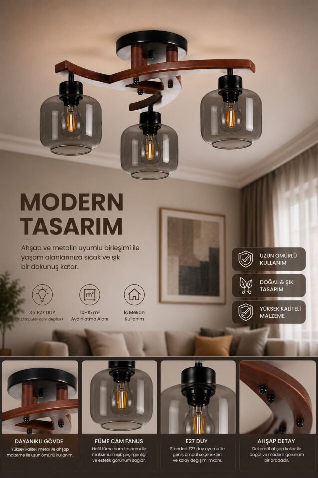 WESTON 3 LÜ CEVİZ FÜME CAMLI PLOFONYER AVİZE