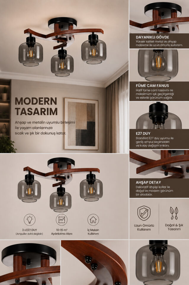 WESTON 3 LÜ CEVİZ FÜME CAMLI PLOFONYER AVİZE