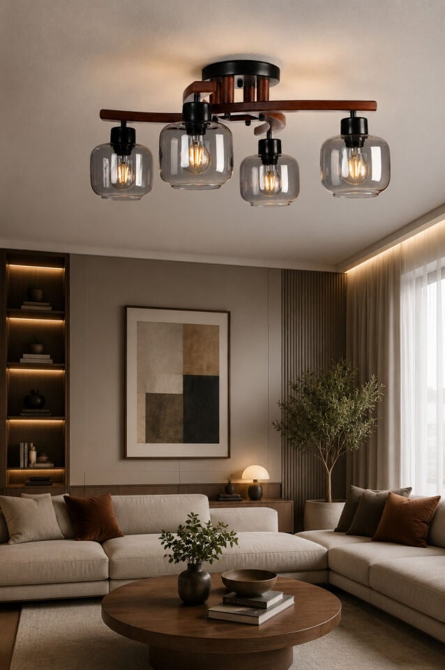 WESTON 4 LÜ CEVİZ FÜME CAMLI PLOFONYER AVİZE