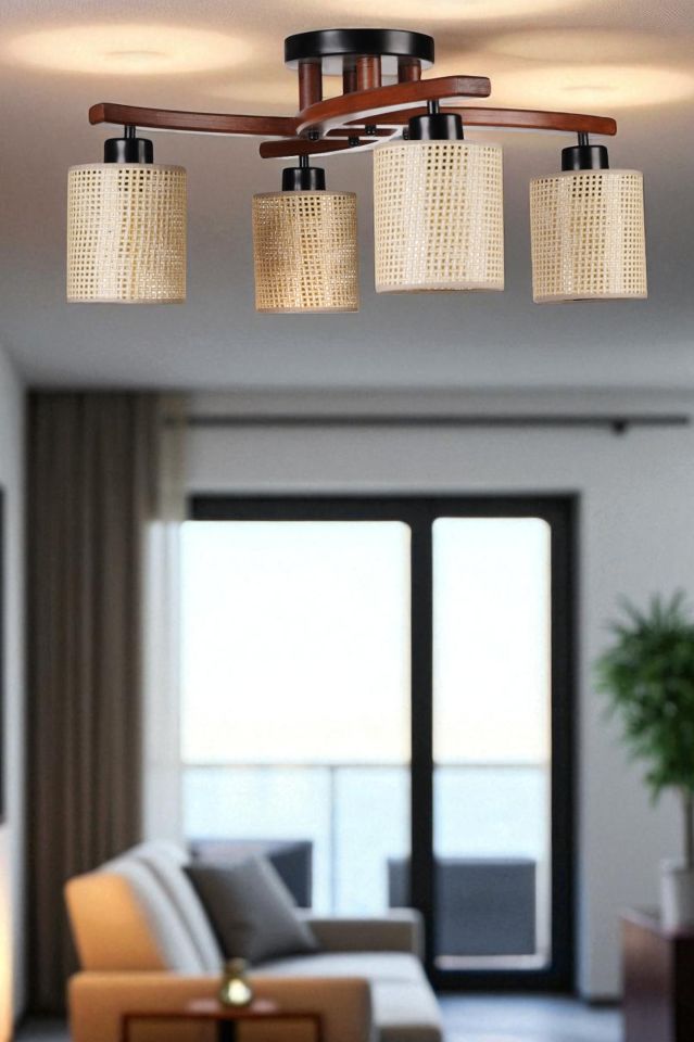 WESTON 4 LÜ CEVİZ PETEK ABAJURLU PLOFONYER AVİZE