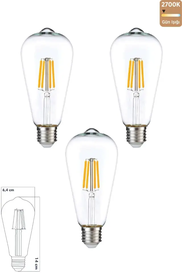 3 ADET ST64 LED ŞEFFAF AMPÜL E27 6W 2700K (GÜNIŞIĞI)
